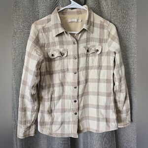 Womens Prana Bridget Plaid Thermal Shacket Tan Cream XS Pockets Snap Front